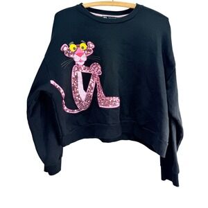 Zara Pink Panther Sweatshirt Womens S Black Sequin Graphic Oversized Pullover